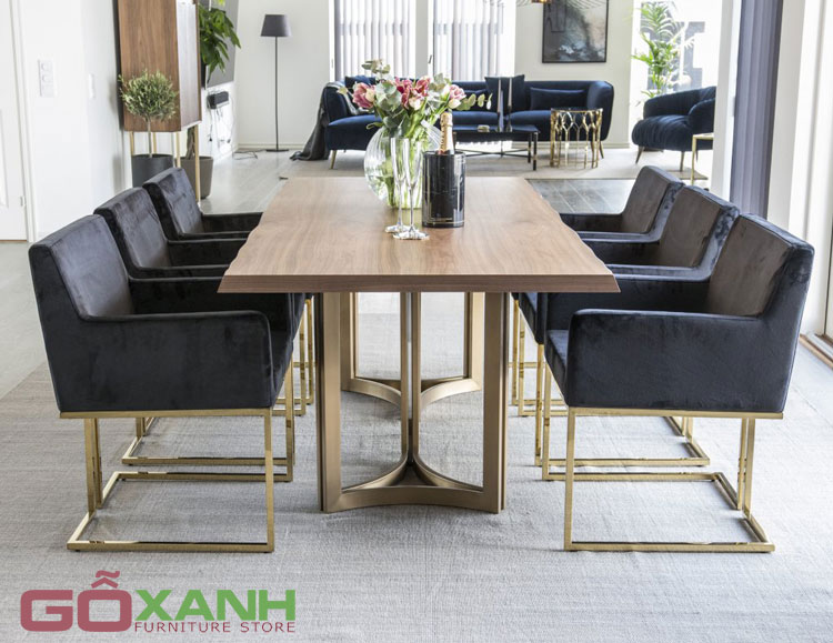 Bàn ăn chân inox mạ vàng Titan mặt gỗ 2