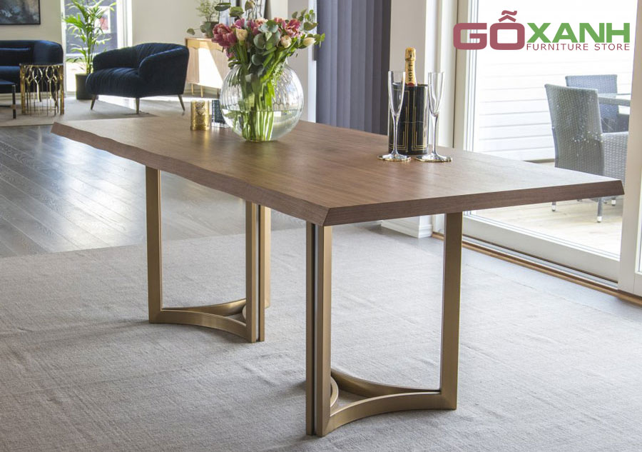 Bàn ăn chân inox mạ vàng Titan mặt gỗ