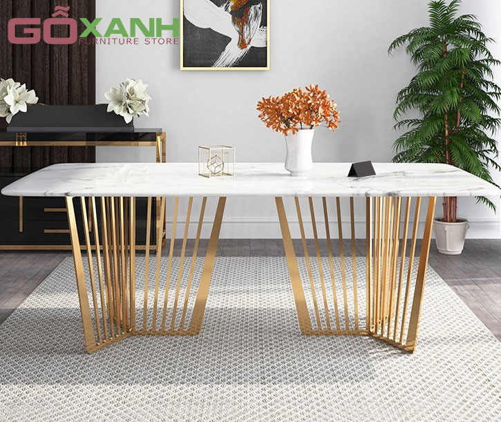 Bàn Ăn Mặt Đá Hình Chữ Nhật Chân Inox Mạ Vàng - Goxanh.vn