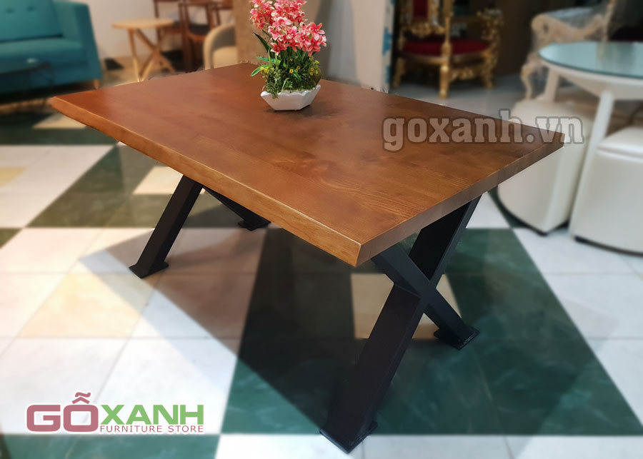 Bàn ăn mặt gỗ chân thép tĩnh điện, bàn ăn gỗ sồi dày 4 phân 1