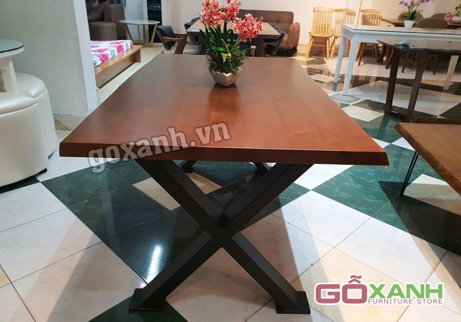 Bàn ăn mặt gỗ chân thép tĩnh điện, bàn ăn gỗ sồi dày 4 phân 3