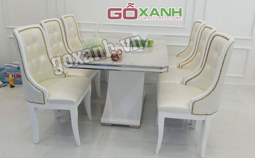 Bàn ghế ăn tân cổ điển bọc simili màu trắng 1