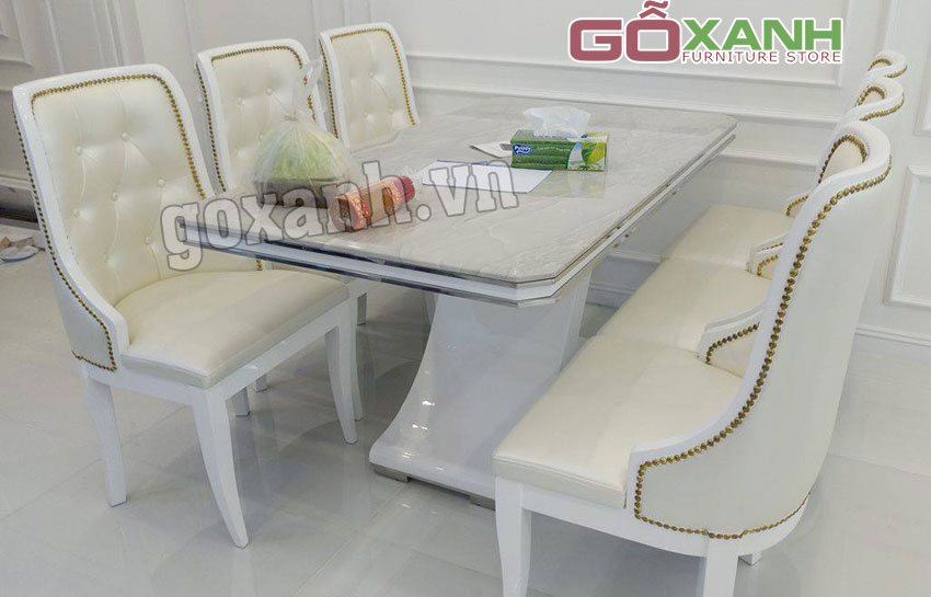 Bàn ghế ăn tân cổ điển bọc simili màu trắng 2