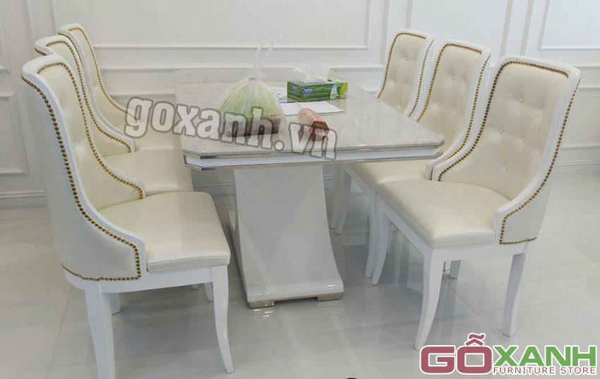 Bàn ghế ăn tân cổ điển bọc simili màu trắng 3