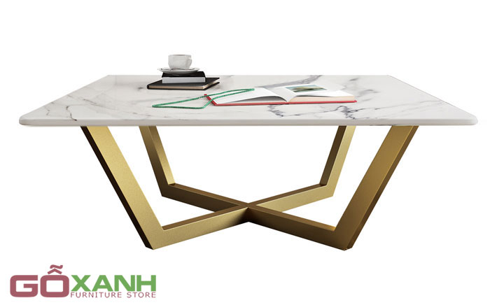 Bàn nước phòng khách mặt đá chân inox mạ vàng