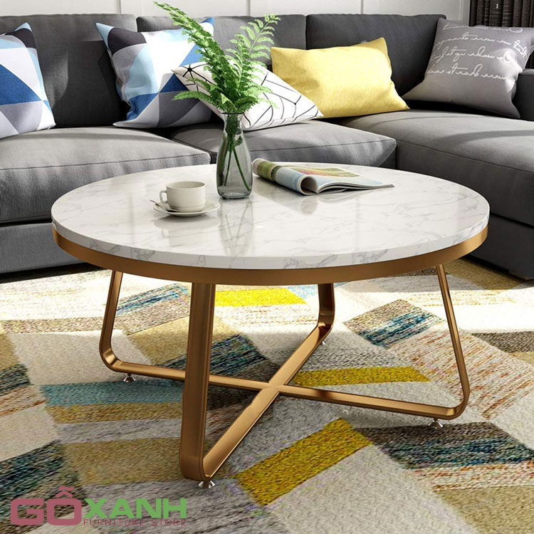 Bàn Phòng Khách Mặt Đá Hình Tròn Chân Inox Vàng - Traicam.vn