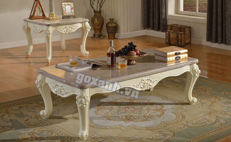 Bàn sofa cổ điển mặt đá cao cấp, gỗ tự nhiên chạm khắc