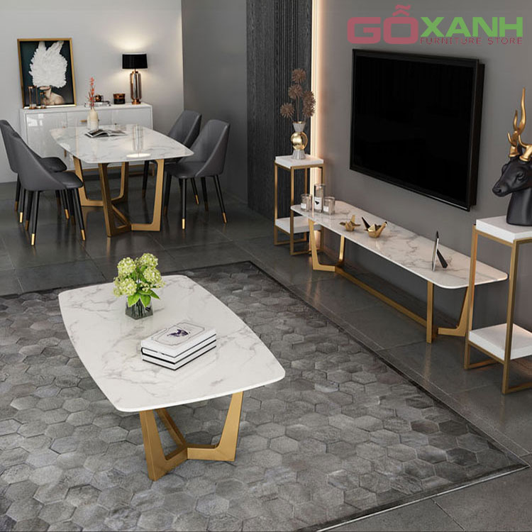 Bàn Sofa Hình Oval Inox Mạ Vàng Mặt Đá - Bàn trà cao cấp 3