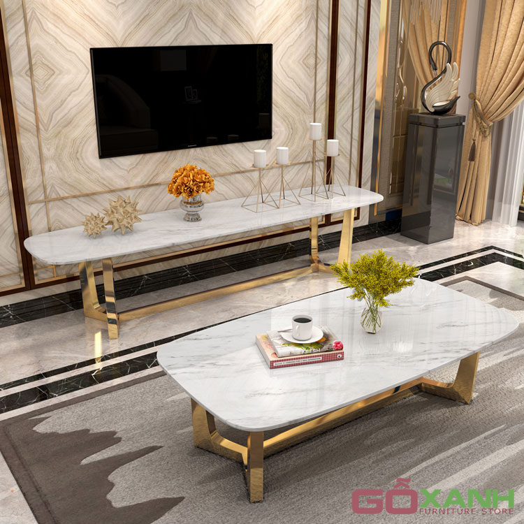 Bàn Sofa Hình Oval Inox Mạ Vàng Mặt Đá - Bàn trà cao cấp 6