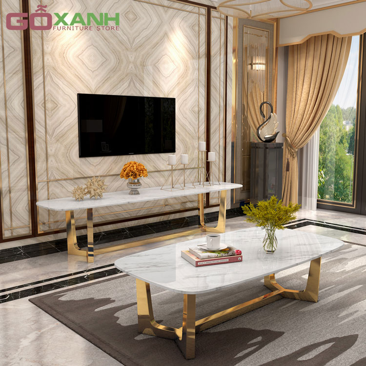 Bàn Sofa Hình Oval Inox Mạ Vàng Mặt Đá - Bàn trà cao cấp 7