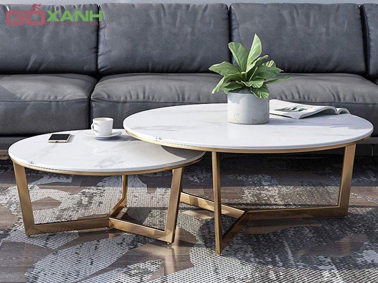 Mẫu Bàn Sofa Cặp Mặt Đá Sang Trọng - Bàn trà Inox Mạ Vàng