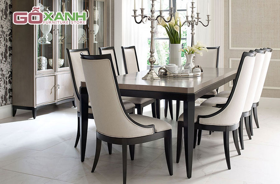 Bộ bàn ăn cao cấp 8 ghế, bộ bàn ăn mặt gỗ sơn men