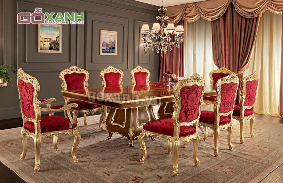 Bộ bàn ăn cổ điển dát vàng, bàn ăn phong cách Châu Âu