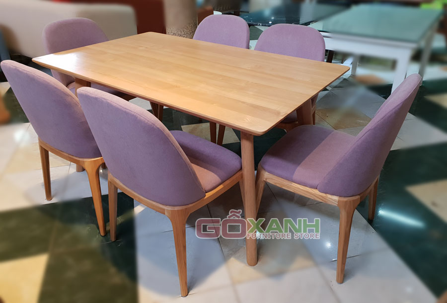 Bộ bàn ăn gỗ sồi bọc vải màu tím (bộ bàn ghế ăn gỗ sồi nhập khẩu Nga)