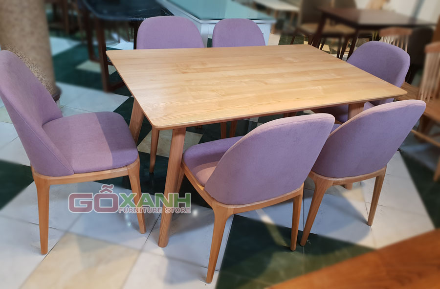 Bộ bàn ăn gỗ sồi bọc vải màu tím (bộ bàn ghế ăn gỗ sồi nhập khẩu Nga) 2