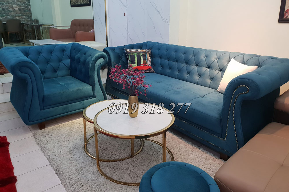 Bộ sofa tân cổ điển bọc vải nhung màu xanh