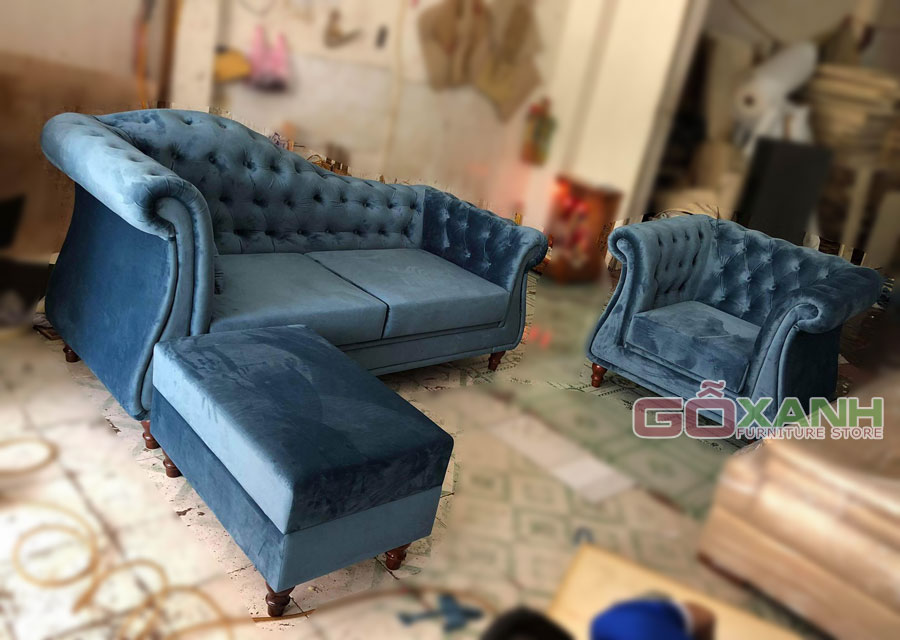Sofa bán (tân) cổ điển bọc vải nhung màu xanh, sản xuất ở tphcm 4