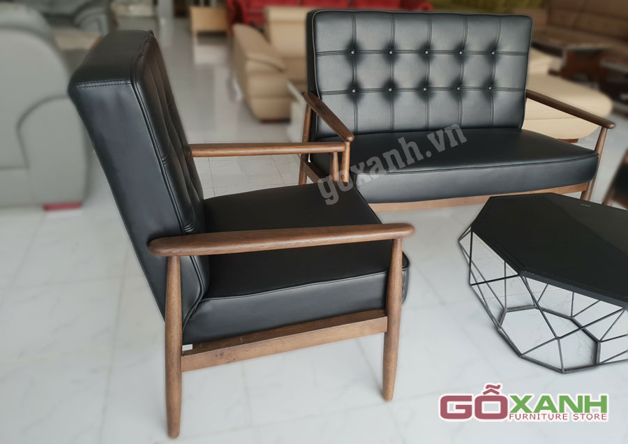 Ghế gỗ bọc da (simili cao cấp) Hàn Quốc, Bộ sofa gỗ sồi 3