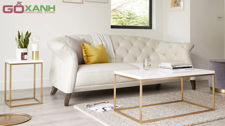 Ghế sofa tân cổ điển bọc da màu kem 1