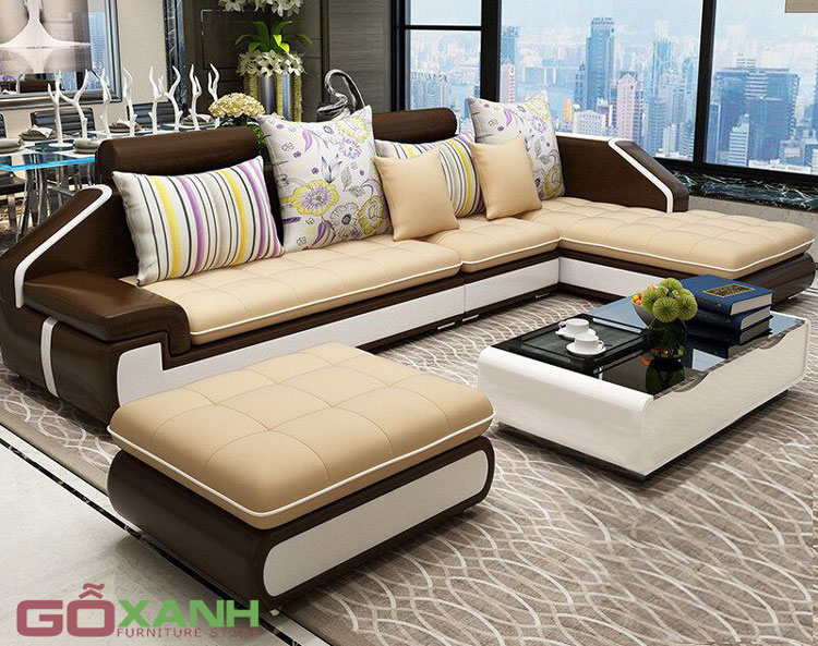 Ghế sofa 50% da màu nâu, 50% đệm bọc vải màu kem