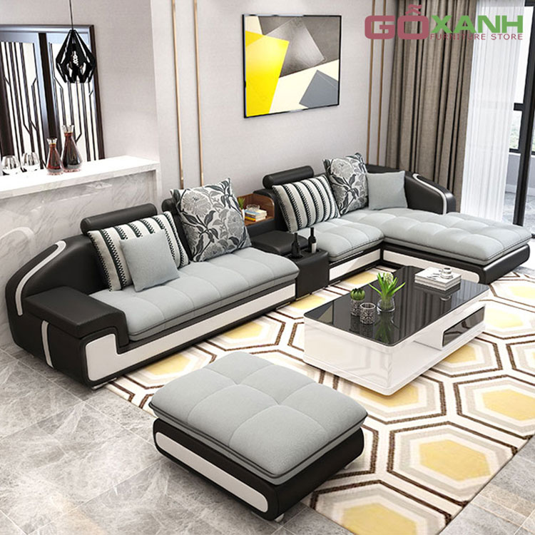 Ghế sofa 50% da màu đen, 50% đệm bọc vải màu xám