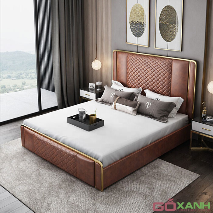 Giường Ngủ Bọc Da Hiện Đại Kết Hợp Inox 304 Mạ Titan 1