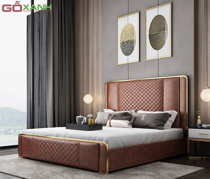 Giường Ngủ Bọc Da Hiện Đại Kết Hợp Inox 304 Mạ Titan 2