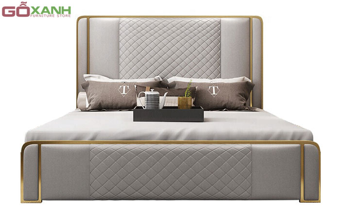Giường ngủ bọc da hiện đại kết hợp inox 304 mạ Titan