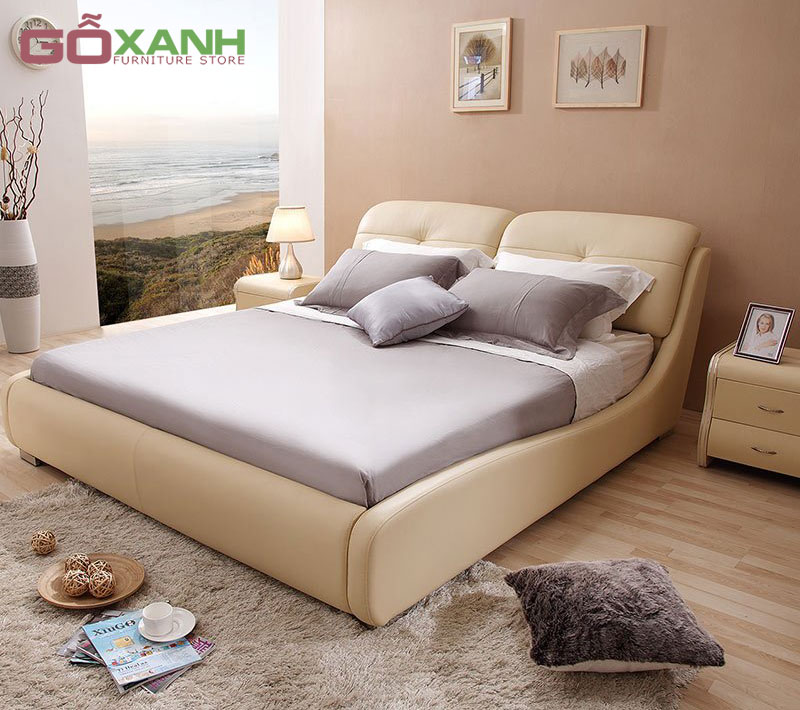 Giường Ngủ Bọc Nệm Bằng Da Màu Kem Hiện Đại - Giường Ngủ Gỗ Xanh 1