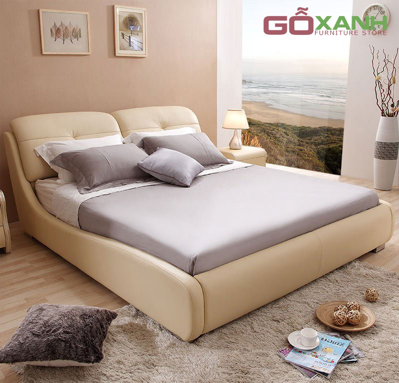 Giường Ngủ Bọc Nệm Bằng Da Màu Kem Hiện Đại - Giường Ngủ Gỗ Xanh 2