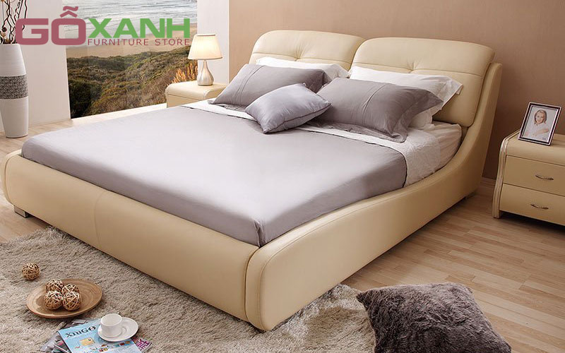 Giường ngủ bọc da màu kem