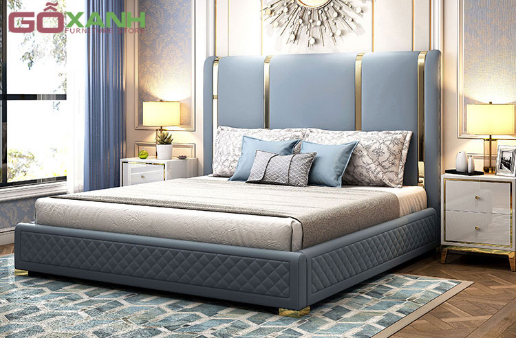 Giường Ngủ Bọc Nệm Cao Cấp Viền Inox Mạ Vàng Độc Đáo 1