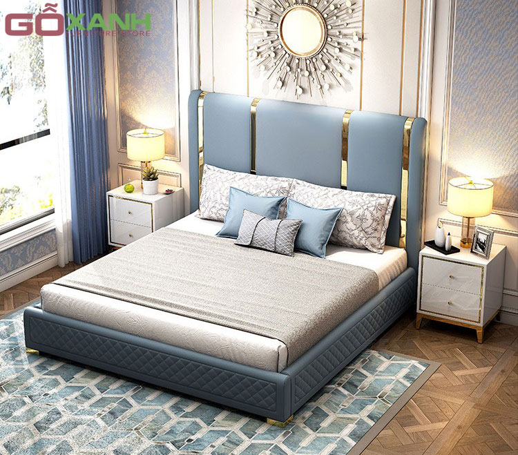 Giường Ngủ Bọc Nệm Cao Cấp Viền Inox Mạ Vàng Độc Đáo 2