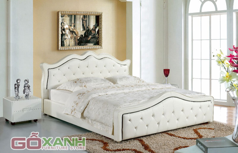 Giường ngủ bọc nệm tân cổ điển màu trắng tinh khôi, giường nệm cao cấp