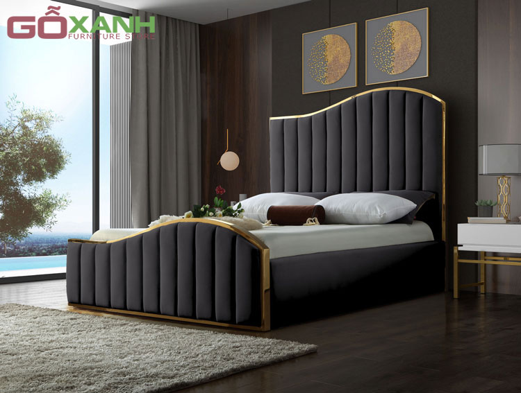 Giường ngủ bọc vải nhung khung inox màu vàng