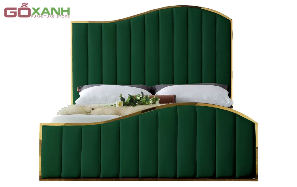 Giường ngủ bọc vải nhung khung inox màu vàng