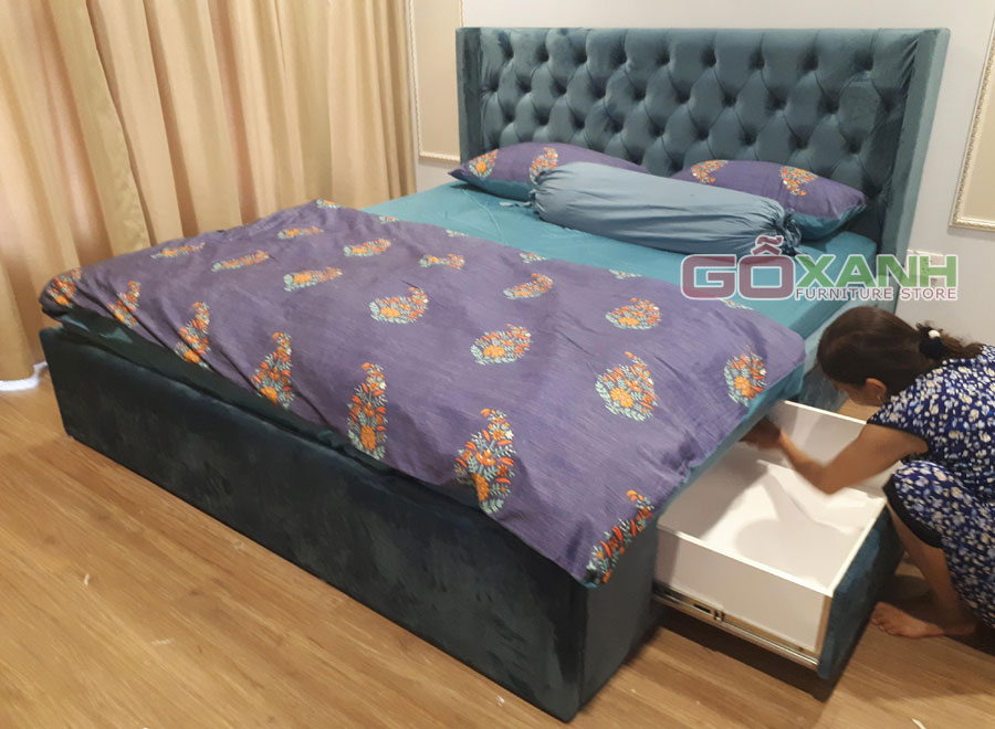 Giường ngủ bọc vải nhung màu xanh, giường nệm vải cao cấp 1