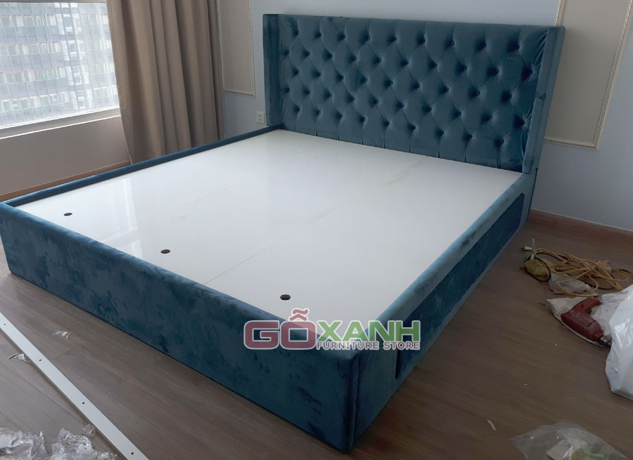 Giường ngủ bọc vải nhung màu xanh, giường nệm vải cao cấp 2