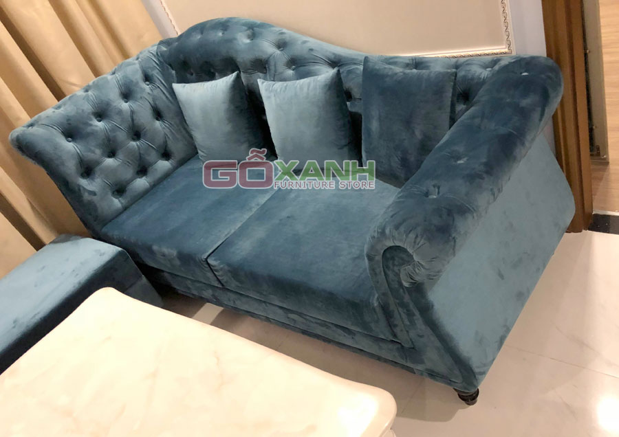 Sofa bán (tân) cổ điển bọc vải nhung màu xanh, sản xuất ở tphcm 2