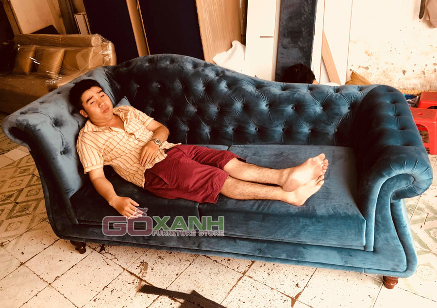 Sofa bán (tân) cổ điển bọc vải nhung màu xanh, sản xuất ở tphcm 3