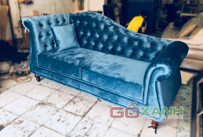 Sofa bán cổ điển bọc vải nhung màu xanh