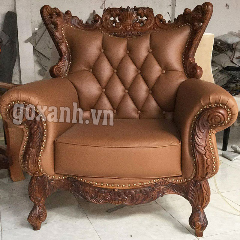 Sofa đơn cổ điển bọc da thật chạm khắc bằng tay 2