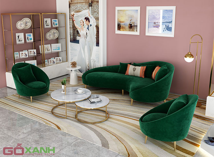 Bộ ghế sofa vải màu xanh hình bán nguyệt